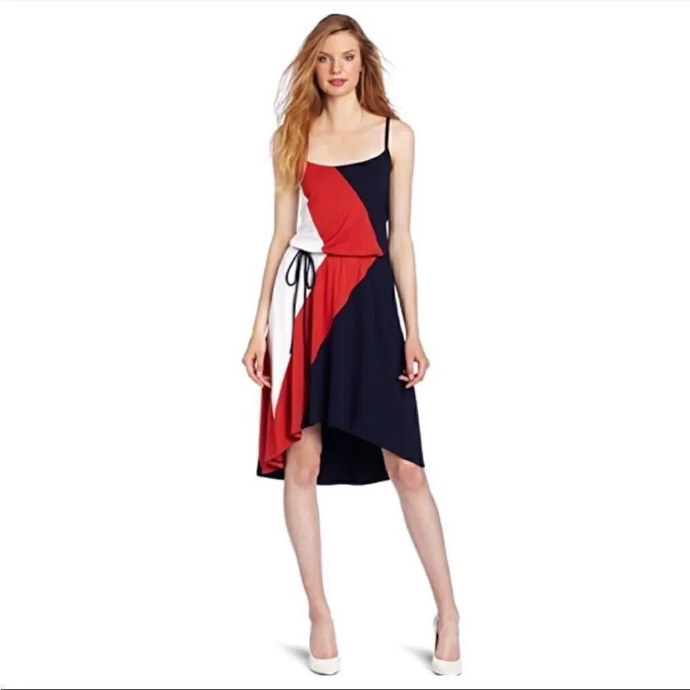 Three Dots Red, White, and Blue Color Block Hi Lo Dress size S